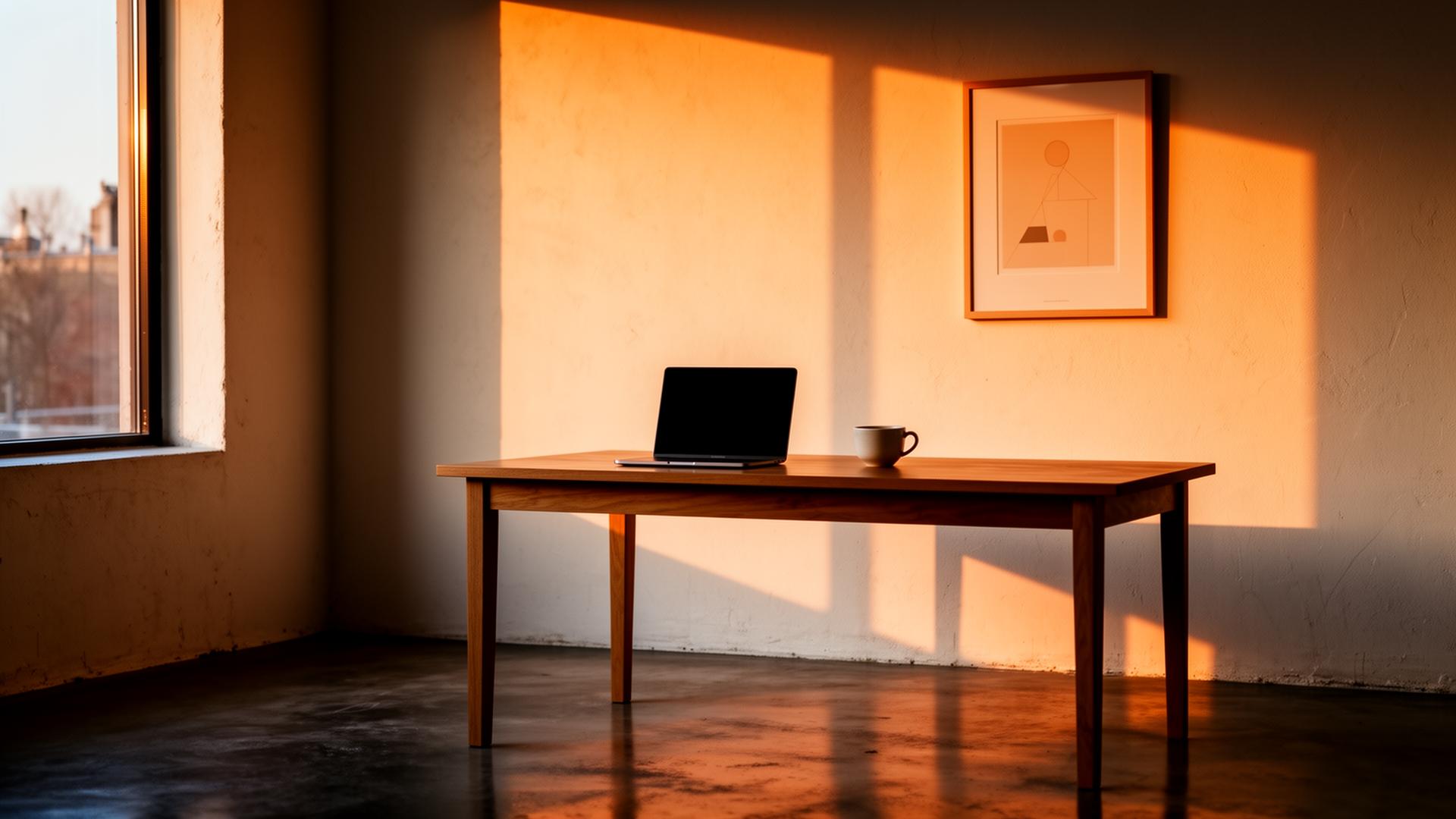 Rustige studio-werkplek bij gouden uur